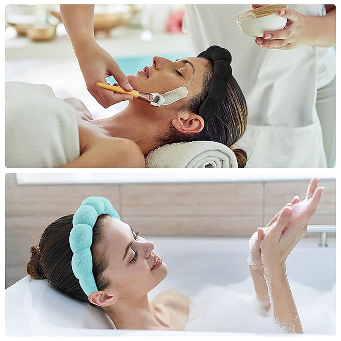 Ztomine Spa Headbands for Washing Face or Facial, Set of 2 Skincare Headbands, Terry Cloth Headband Wash Combo Pack - Puffy Makeup Washing, Mask, Skin Treatment (Black & Turquoise)