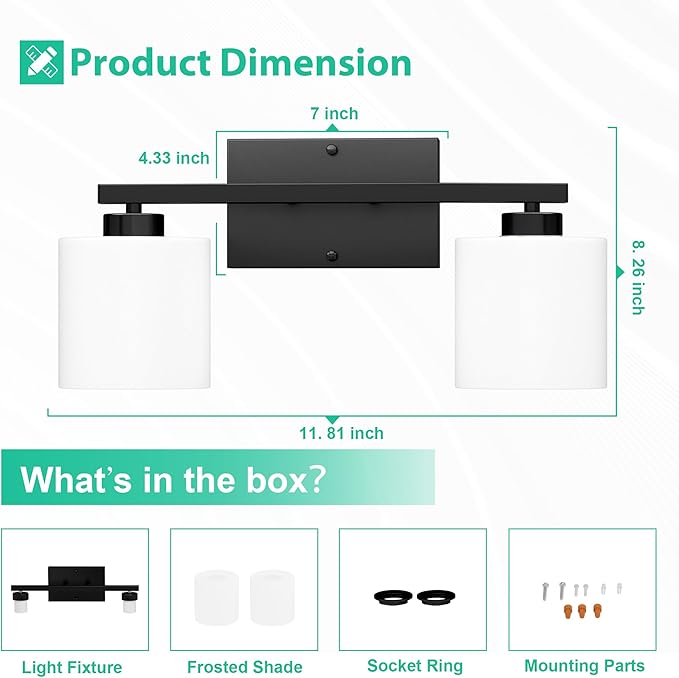 Honesorn Modern Vanity Lights - 2 Light Black Bathroom Light Fixtures with Frosted Shade, E26 Wall Mounted, Anti-Rust