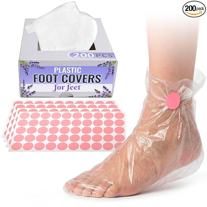 200 Pcs Plastic Socks for Moisturizing Feet – Leak-Proof Foot Gloves for Moisturizing, Ribbed Anti-Slip Design with 200 Stickers for Secure Fit – Paraffin Wax Bags | Self Care & Holiday Gifting
