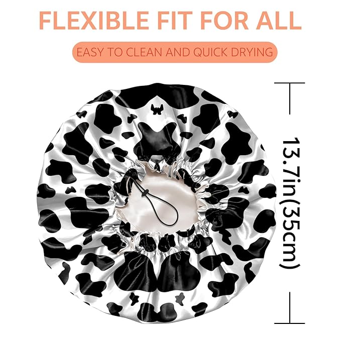 Shower Cap Reusable Double Layer Adjustable Elastic Waterproof EVA Hair Bath Caps for Women Girls Cute Aesthetic-Cow Leopard