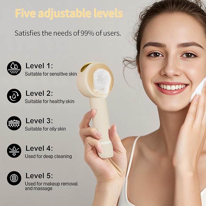 Facial Cleansing Brush Electric – Rechargeable Silicone Face Scrubber, Waterproof Vibrating Cleaner with 5 Adjustable Intensities for Deep Cleansing and Exfoliation (White)
