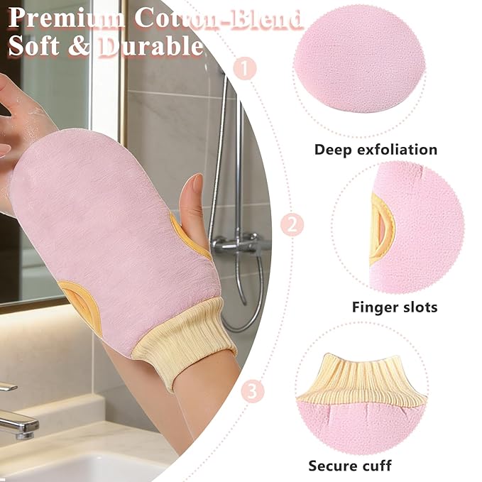 Exfoliating Glove and Back Scrubber for Shower - 3-Piece Exfoliating Mitt Set with Bath Sponge - Deep Skin Cleansing Body Scrubber for Dead Skin Removal, Self-Tan (Pink)