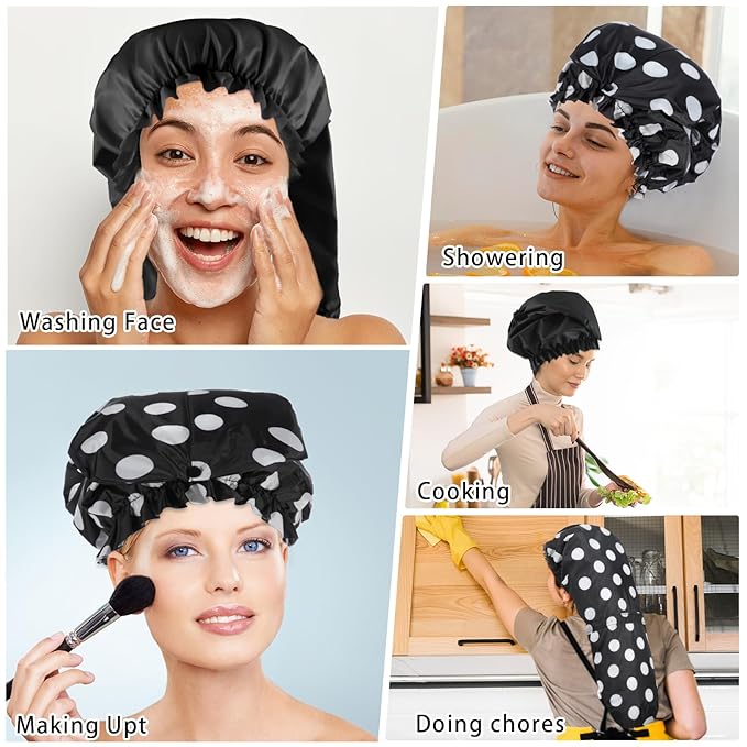 2 Pcs Large Shower Cap for Braids, Extra Long Shower Cap for Women Long Hair & Locs, Waterproof Hair Bonnets for Dreadlocks Drawstring Bath Caps for Women & Men (Polka Dots, Black)