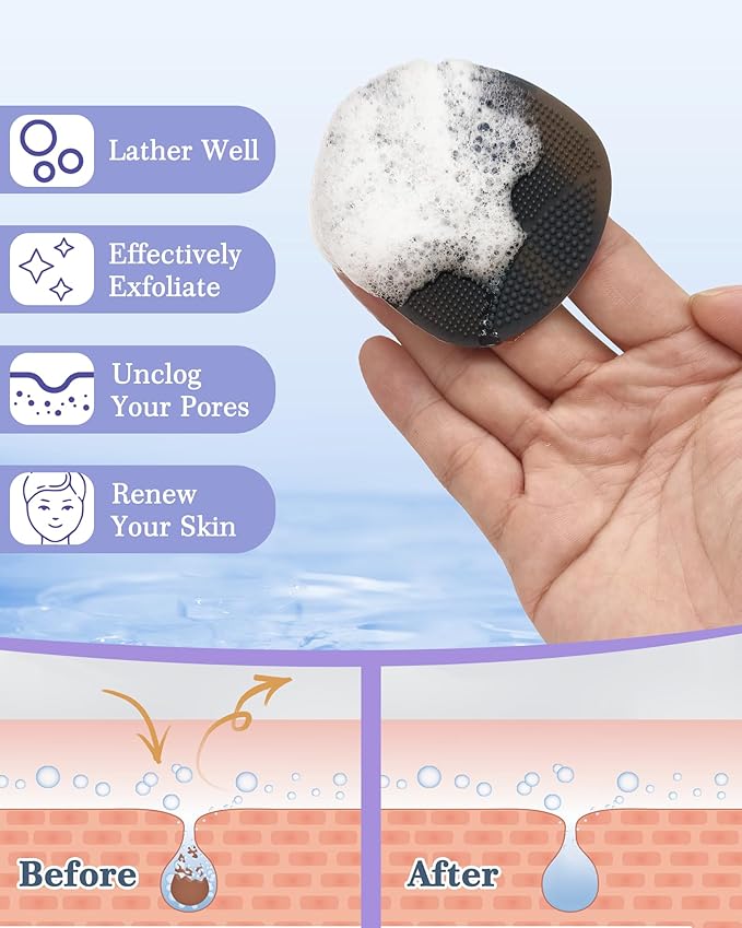 Manmihealth Silicone Back Scrubber (Thick Bristles) & Bath Glove & Face Brush Set (3PCS), Super-Exfoliating & Lathering Body Scrubber, Shower Brush, Face Scrubber Combination, with a Free Hook (Black)