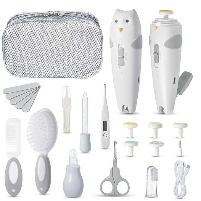 Lictin Baby Healthcare and Grooming Kit, 26 in 1 Rechargeable Nail Trimmer Electric Set,Safe File with Auto Light, Newborn Nursery Health Care Portable Safety Set for Infant Toddlers Boys Girls, Grey