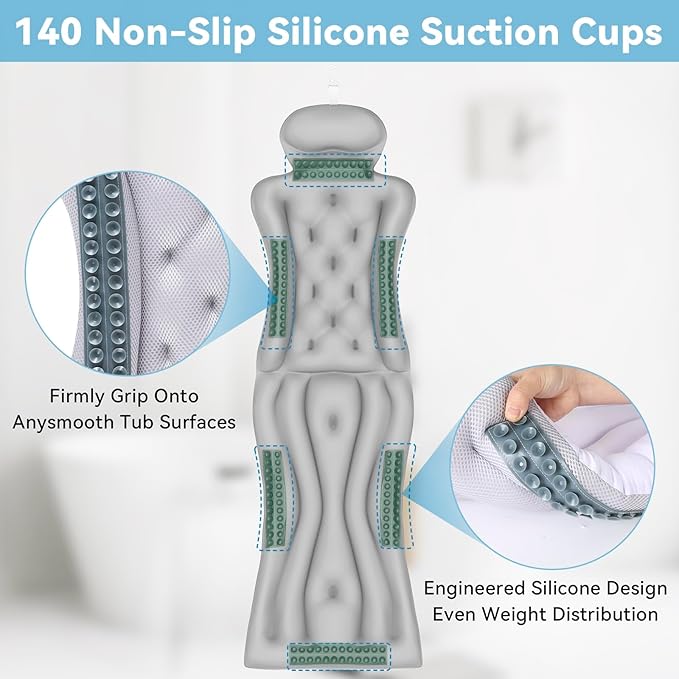 Full Body Bath Pillow for Bathtub RUVINCE Ergonomic Luxury Bathtub Pillow with Head,Neck, Shoulder and Back Support, 6D Bath Pillows for tub with 192 Powerful Suction Cups, Fits All Bathtub