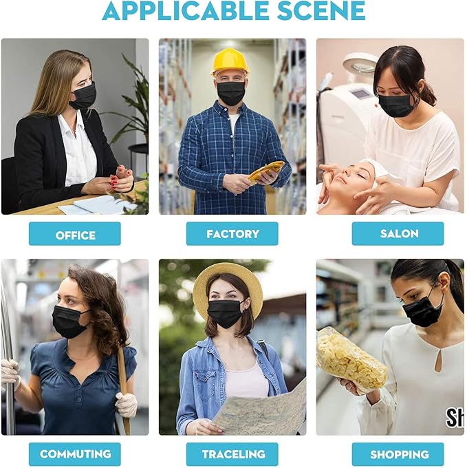 Black Disposable Face Masks 4 Layers Protection 50Pcs, Breathable Dust Mask Mouth Covers for Adult