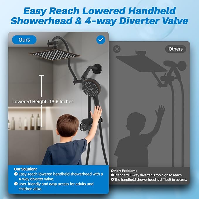 Hibbent cUPC Certified All Metal 8" Rainfall Showerhead Combo, High Pressure Shower Head with 10-Spray Handheld, Innovative 4-way Diverter with Pause Mode, 71'' Shower Hose & Holder, Oil Rubbed Bronze