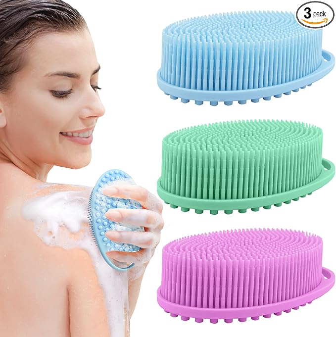 3 Pack Silicone Body Scrubber, Exfoliating Body Scrubber Fit for Sensitive and All Kinds of Skin, Soft Silicone Loofah, Clean and Sanitary Rapid Foaming,Blue,Green,Purple