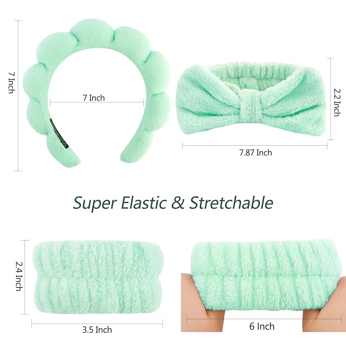 VELSCRUN Spa Headband, Makeup Face Wash Skincare Headbands, 6 Pcs Bright Green Sponge Bow Tie Get Ready HairBand Facial Wristband Set, Stuff for Teen Girls Women Trendy Fashion Hair Accessories