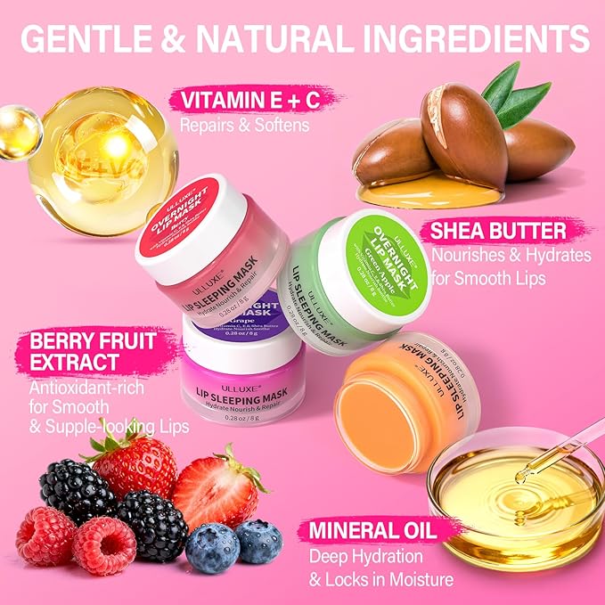 Lip Mask Set 4 Pcs, Mothers Day Gifts for Mom, Wife, Lip Care Products for Women & Teen Girls, Overnight Lip Masks to Hydrate, Nourish & Soften Lips, Lip Sleeping Mask to Moisturize Cracked Lips