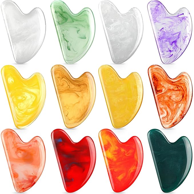 Sherr 12 Pcs Gua Sha Facial Tools Resin Heart Shaped Massage Guasha Tool for Face Guasha Board for Face Body Skin Massage Spa Acupuncture Prevent Wrinkles, 12 Colors(Retro Color)
