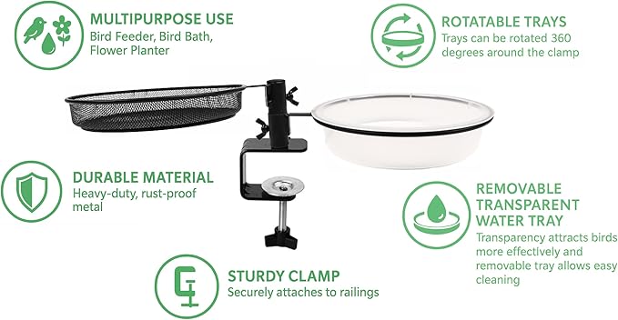 Deck Bird Feeder and Bath with Metal Mesh Tray and Water Bowl – Deck Railing Bird Feeder Mount for Attracting Birds - Detachable, Adjustable, Heavy Duty – Complete with Cleaning Brush and Seed Scoop