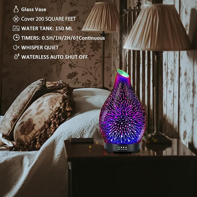 Essential Oil Diffuser 150ML -3D Firework Glass Aromatherapy Diffusers for Essential Oils with 4 Timer Setting Auto Shut-Off Silent Operation 7 Colors Lights Changing for Room, Office, Yoga