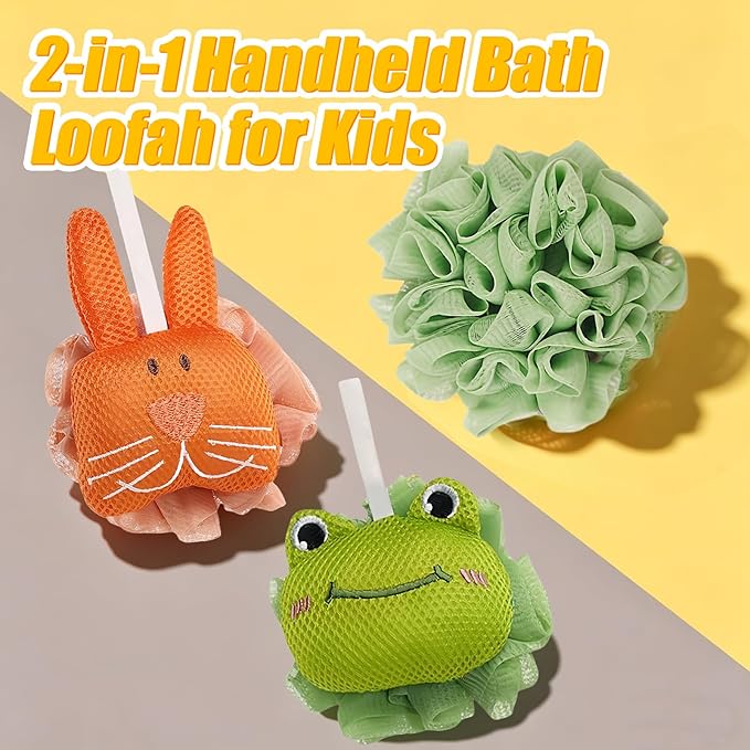 Kids Loofah, Cute Cartoon Animal Kids Bath Sponge with Hanging Rope, Soft Double Mesh for Rich Lather (Little Orange Rabbit)