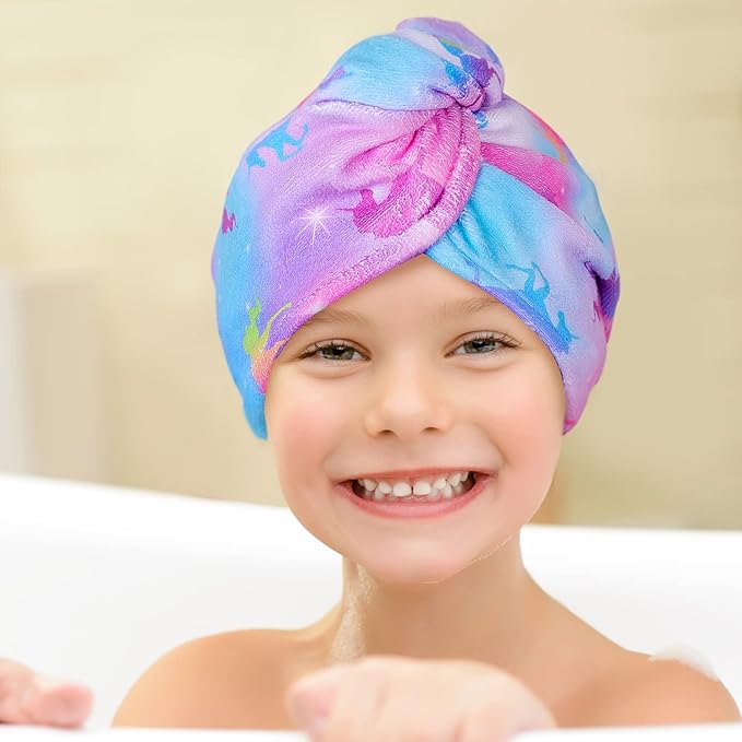 Basumee Microfiber Hair Towel Wrap for Kids 2 Pack Rapid Drying Hair Towel with Button Hair Turbans for Wet Hair Wraps Head Towel Wrap for Women and Girls, Colorful Unicorn