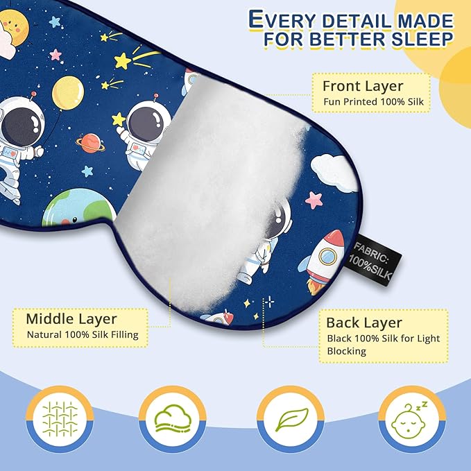 Kids Silk Sleep Mask: 100% Mulberry Silk Eye Mask with Adjustable Strap, Cute Sleeping Blindfold for Boys Girls Teens, Soft & Lightweight Eye Shade for Travel, Nap, Bedtime (Space Style)