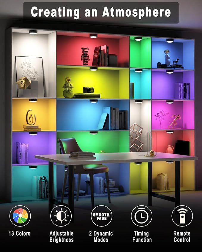 HELPLEX LED Puck Lights with Remote, 12 Pack Color Changing RGBW Stick-On Light, Battery Powered, Dimmable Under Cabinet Lighting with Timer & Memory, Wireless Push Lights for Kitchen & Closet, Black
