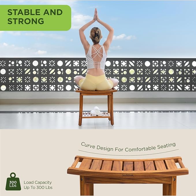 Premium 22" Teak Wood Shower Bench with Shelf, 2-Tier Waterproof Teak Shower Stool, Non-Slip Feet for Enhanced Safety, Spa Bath Seat for Bathroom, Indoor & Outdoor Use, 300 lb Capacity