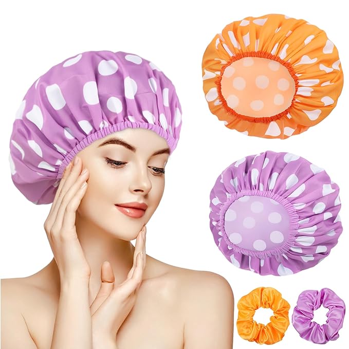 WSICSE 2 Packs Large Shower Caps for Women, Reusable Waterproof Shower Cap Bath Caps with Hair Scrunchies for Long Thick Hair (Purple/Orange)