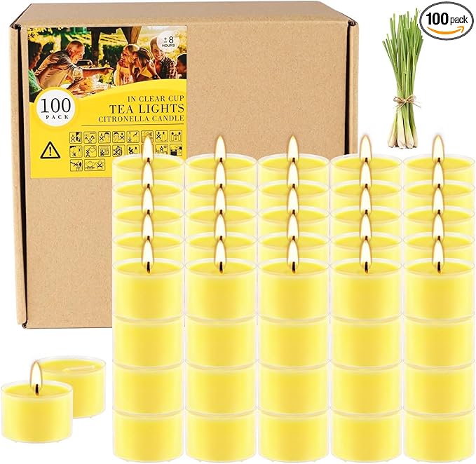 Fclayvts 8-Hour 100 Pack Citronella Tealight Candles, Outdoor and Indoor Summer Scented Candle,Natural Soy Wax Candle for Home Patio Garden Yard Balcony,BBQ Birthday Emergency