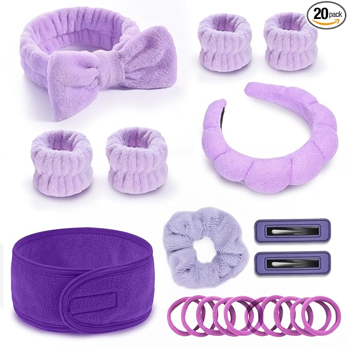 20 Piece Spa Set, Face Wash Headband and Wristband, Bubble Headband, Gifts for Ladies, Women's Headbands (Purple)