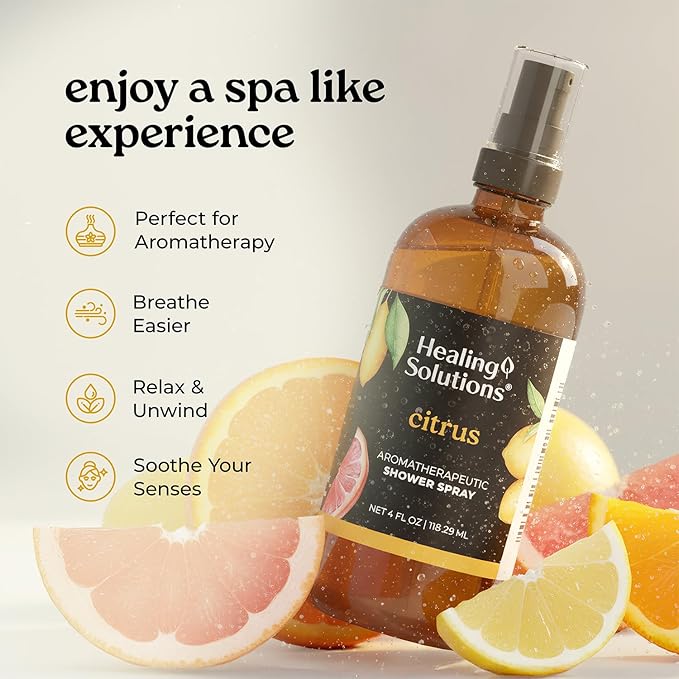 Healing Solutions Aromatherapy Shower Spray, Citrus, 4oz, Therapeutic Grade Essential Oils, Made in the USA, At Home Spa Experience