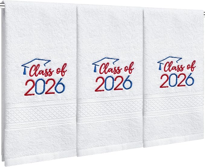MASHAN Class of 2026 Graduation Hand Towels 3 Pack,100% Cotton Soft Absorbent Bathroom Towels,Senior 2026 Graduation Gift for Girls Boys,Blue Red Decorative Towels 14x30 Inch