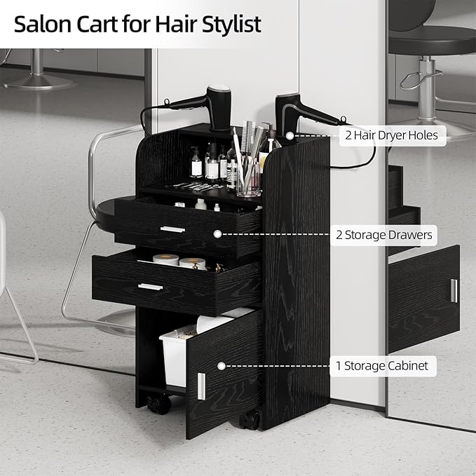 4ever2buy Salon Station for Hair Stylist, Black Beauty Barber Station, Salon Trolley Cart with Wheels, Mobile Organizer for Salon, Spa, Barbershop, Nail & Beauty Tools, Black