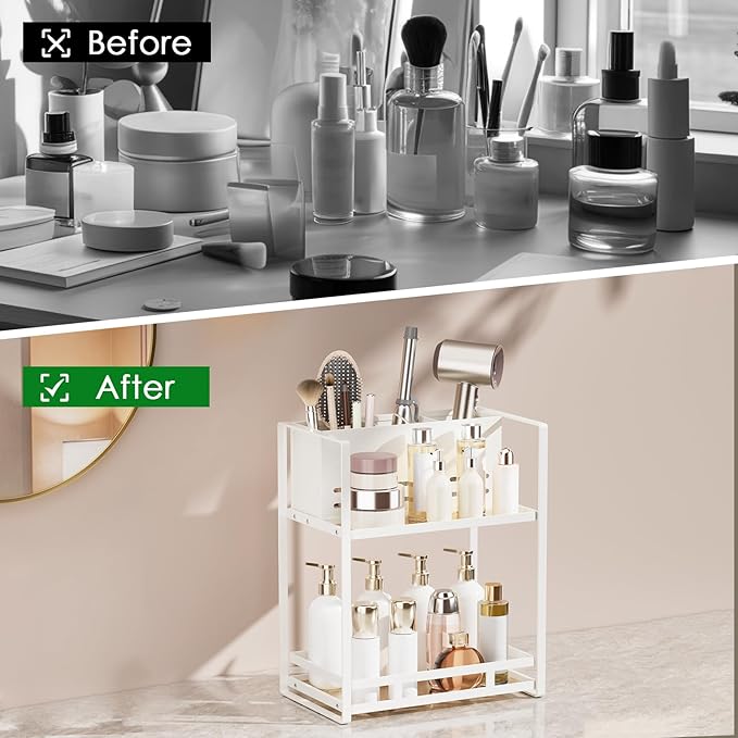 SanDream Hair Tool Organizer Bathroom Countertop, 2-Tier Metal Bathroom Organizer with Blow Dryer Holder, Large Capacity Space-Saving Vanity Shelf for Perfume, Skincare & Makeup Storage (White)