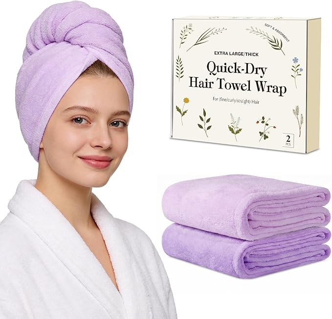 Microfiber Hair Towel Wrap for Women, 2 Pack Large Fast Drying Hair Towel, Ultra Soft Thick Absorbent Anti-Frizz Towel for Curly Long Wet Hair, Durable Double Stitched Edges(Purple /Lavender)