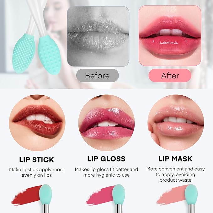Unaone Lip Scrub Brush - 2 PCS Dual-ended Lip Scrubber Exfoliator and Silicone Lip Brush, 3-in-1 Silicone Lip Scrub Tool Lip Mask Applicator, Gentle Exfoliator & Applicator for Soft