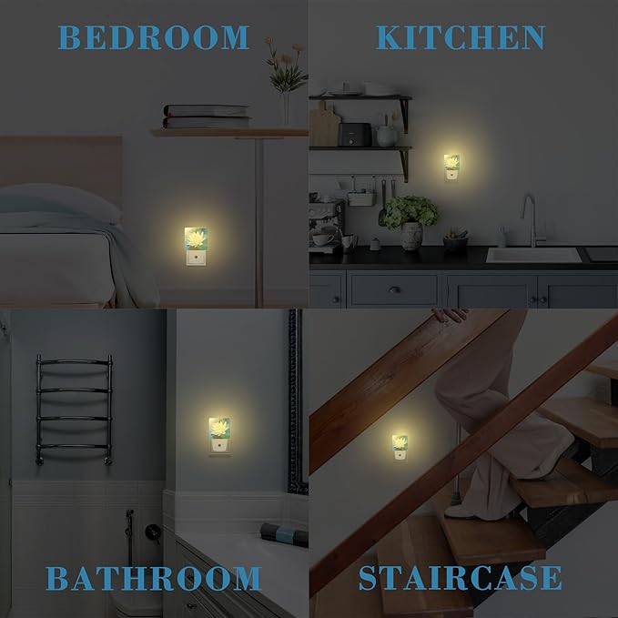 Night Light Plug into Wall White Lotus Flowers Night Light with Dusk to Dawn Sensor for Kid Girls Boys Women Men Room Decor, Hallway, Kitchen, Bathroom, Nursery, Stairs