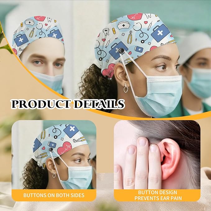 Adjustable Scrub Cap with Buttons & Sweatband, Working Hat with Elastic Tie Back, Unisex Nurse Surgical Caps for Women & Men