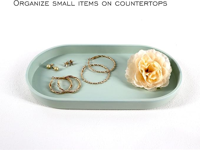 Green Small Tray (10 inch), 3 Pack Oval Tray for Kitchen Counter, Bathtub Bathroom Vanity Items, Countertop Organizer, Coffee Accessory, Bar, Serving Seasoning, Salt and Pepper, Soap, Perfume.