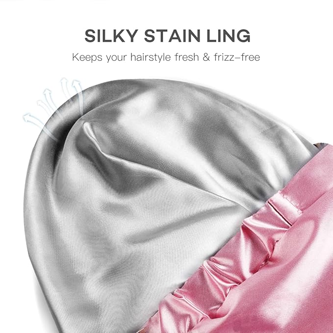Large Shower Cap for Women Reusable Waterproof Adjustable Shower Caps with Silk Satin Lined Luxury Shower Cap for Long Hair(Pink)