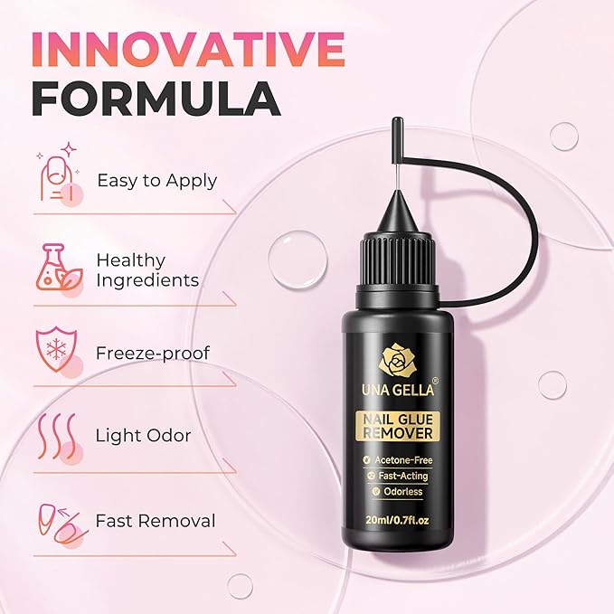 UNA GELLA 20ml*2PCS Nail Glue Remover for Press on, Multi-Functional Pinpoint Glue Remover Fast Removal Gentle Non-Acetone with Crystal Sticks for Nails Polish False Acrylic Nail Tips Home DIY