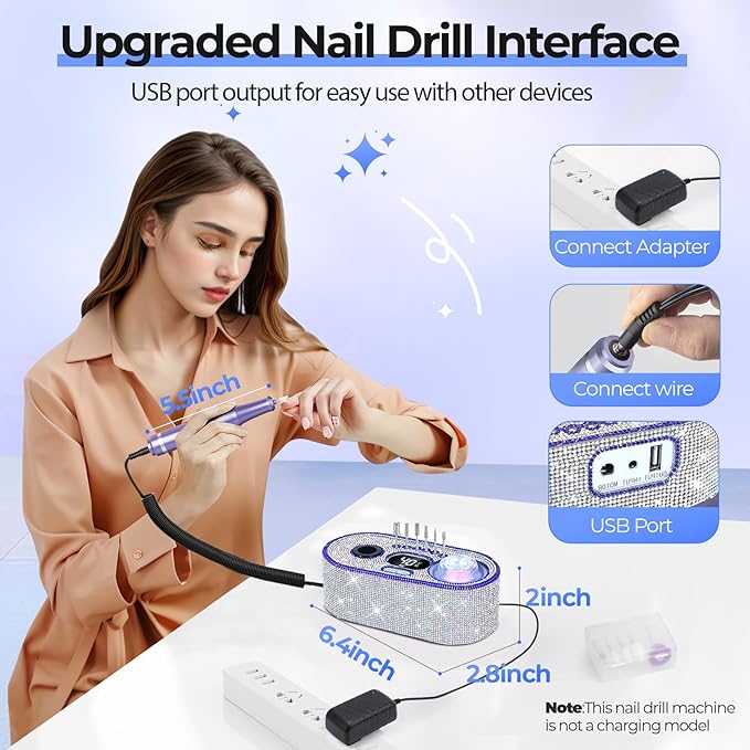 JOSGLOI Electric Nail Drill Professional: Shiny 40000RPM Electric Nail File Kit E File Nail Drill Machine with LCD Display for Acrylic Gel, Manicure Pedicure Polishing Grinder for Salon Home, Diamond