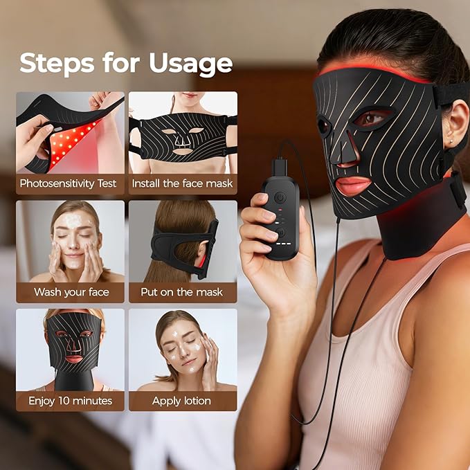 ONLUKY Red Light Therapy for Face,LED Face Mask Light Therapy with Neck Device,103 3-in-1 Light Beads,Remoter Rechargeable,Timing Function,Infrared Red Light Therapy Mask for Home (Maroon)