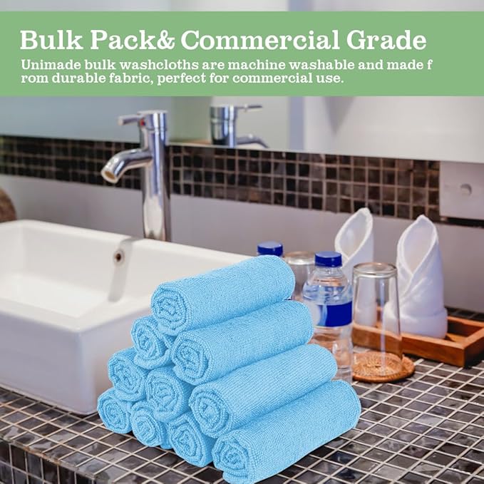 UNIMADE Washcloths Bulk - 10 Pack - Face Towels (12" x 12"), Highly Soft Wash Cloths and Hand Towels, Fast Drying Multi-Purpose Microfiber Cleansing Cloths for Bathroom, Hotel, Spa, and Salon - Blue