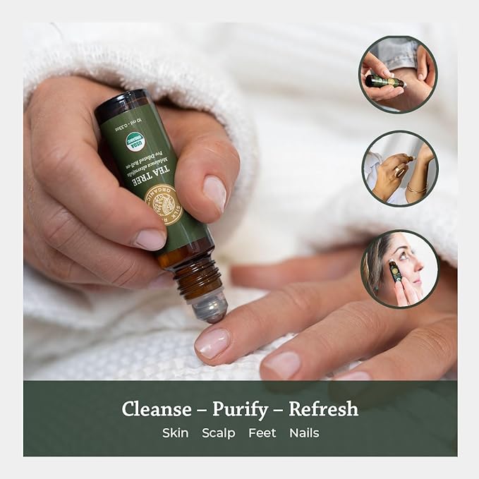 Silk Road Organic Tea Tree Essential Oil Roll On for Healthy Clear Skin, Nail Care & Foot Care - 100% Pure USDA Certified 10 ml Roller