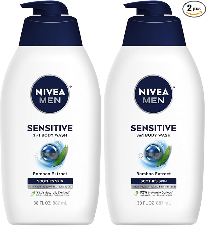 Nivea Men Sensitive Body Wash for Sensitive Skin with Bamboo Extract, Bottle,30 Fl Oz(Pack of 2)