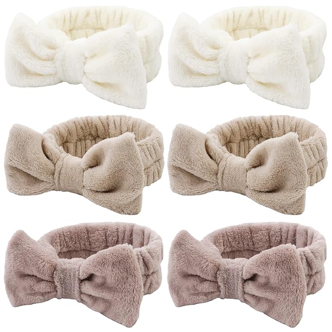 WHAVEL 6 Pack Spa Makeup and Facial Microfiber Bow Headbands - Fluffy Hair Bands for Skincare and Face Washing (Type 16)