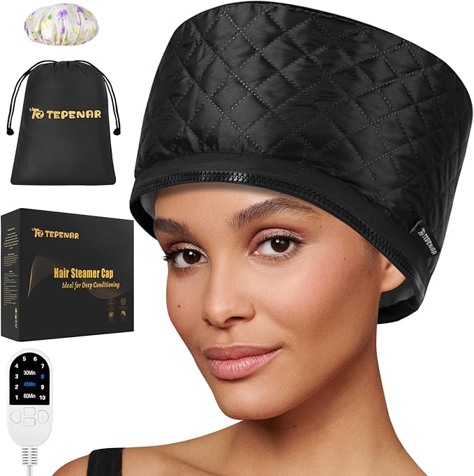 TEPENAR Hair Steamer for Deep Conditioning: Upgraded Heat Cap with 118” Power Cord 10-Level Fast Heating 3 Time Settings for Natural Hair Portable Thermal Steam Cap for Home Hair Treatment