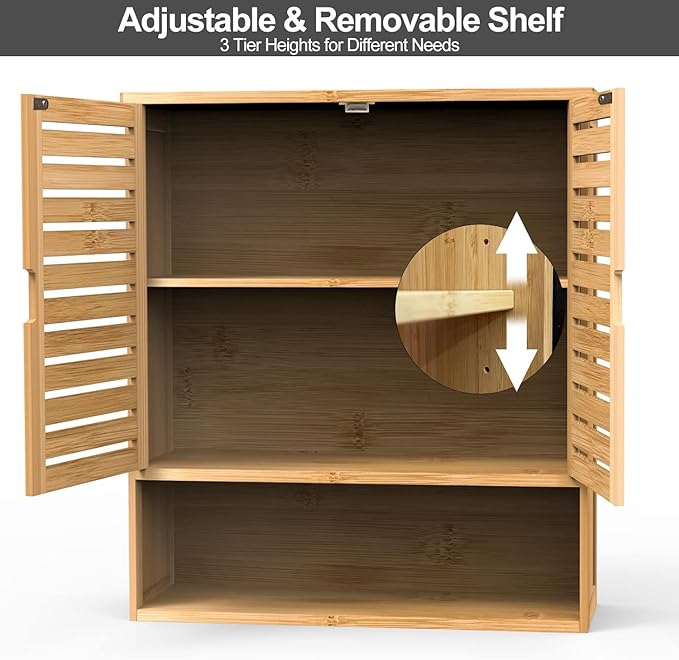 Bathroom Wall Cabinet, Bamboo Storage Cabinet Wall Mounted, Wall Hanging Cabinet with 2 Doors & 3 Tier Shelves