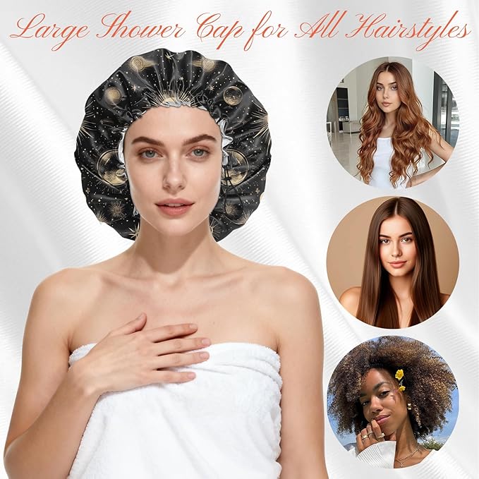Shower Cap Reusable Double Layer Adjustable Elastic Waterproof EVA Hair Bath Caps for Women Girls Cute Aesthetic-Moon