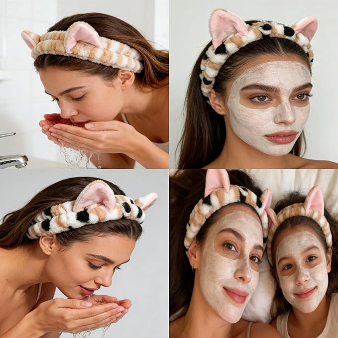 2 PCS Cute Cat Ear Spa Headband For Washing Face, Skincare Makeup Headbands For Women, Soft Coral Fleece Hair Accessories (Yellow+Leopard)