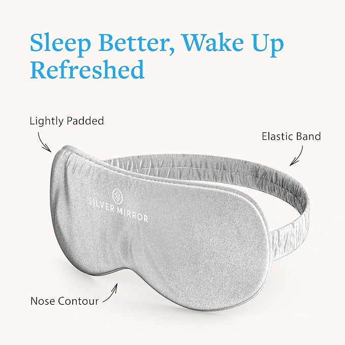 Sleep Mask in Silver, 100% Silk, Pure Mulberry Silk, Light Blocking Eye Mask with Elastic Strap for Sleep & Travel, Ultra Soft, No Pressure, Reduce Puffy Eyes, Machine Washable, By Silver Mirror