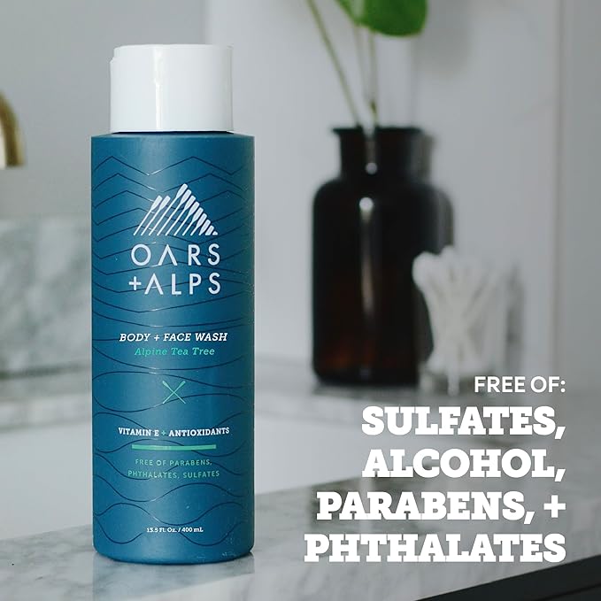Oars + Alps Body Wash for Men, Mens Body Wash & Face Cleanser with Vitamin E & Antioxidants, Moisturizing, Paraben & Sulfate Free Cleanser, Alpine Tea Tree, 2pk