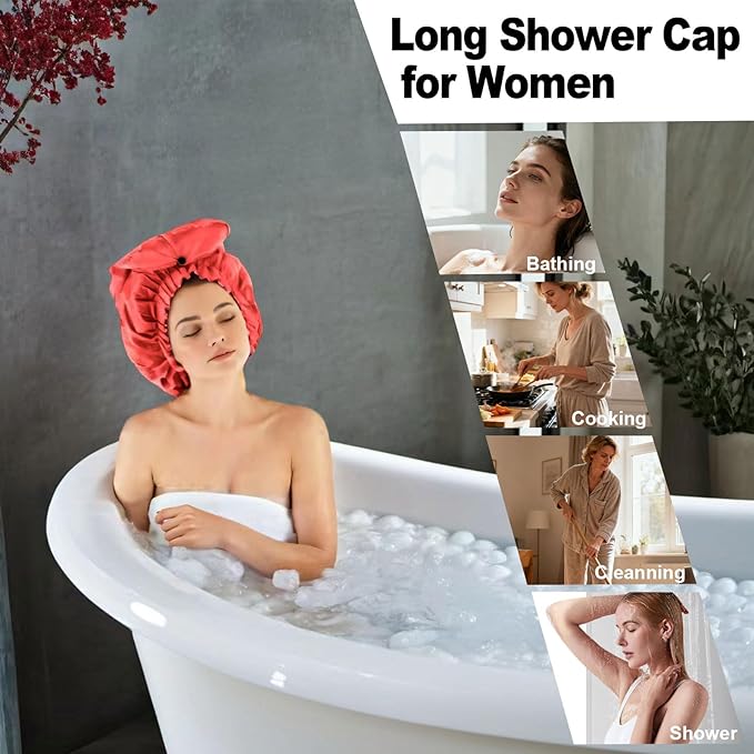 ELEBOX Extra Large Shower Cap for Braids/Curly Hair/Dreadlock | Reusable Waterproof Long Bonnets for Women Bath/Swim/Cooking/Cleaning/Spa | XL Bathing Cap with Adjustable Drawstring & Button, Red